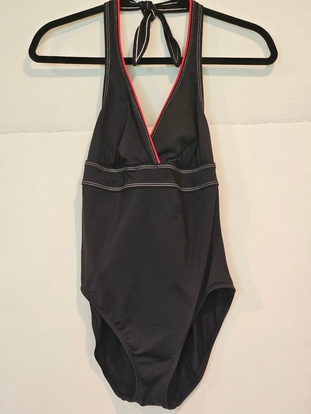Anne Cole Classic Halter One-Piece Swimsuit Black w/ Coral Red Trim & Stitching